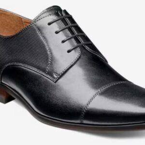Florsheim Black Leather Cap-Toe Derby with Textured Side Panels